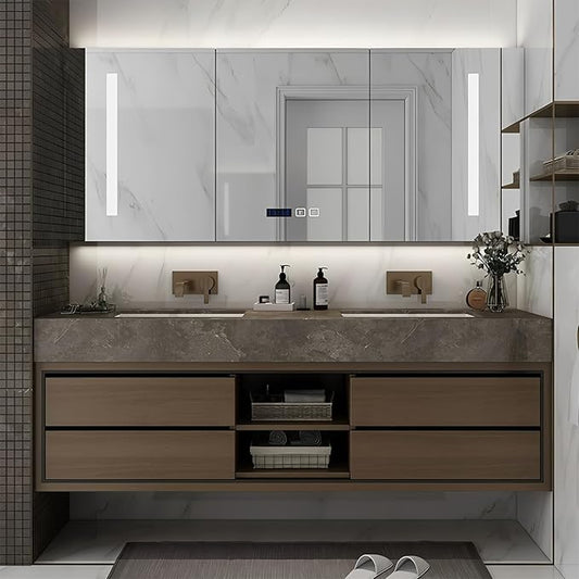 68IN Double Sink Bathroom Vanity, Floating Modern Bathroom Vanity Include Smart Defog Mirror Cabinet with LED Light, Solid Wood Vanities with Integrated Sink and Drawers Storage