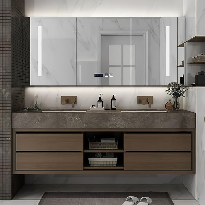 56IN Double Sink Bathroom Vanity, Floating Modern Bathroom Vanity Include Smart Defog Mirror Cabinet with LED Light, Solid Wood Vanities with Integrated Sink and Drawers Storage