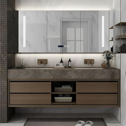 88IN Double Sink Bathroom Vanity, Floating Modern Bathroom Vanity Include Smart Defog Mirror Cabinet with LED Light, Solid Wood Vanities with Integrated Sink and Drawers Storage
