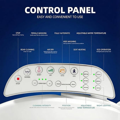 Smart Heated Toilet Seat for Short V-Shaped Toilets – Bidet Warm Water Wash, Self-Cleaning Nozzle, Warm Air Dryer, Deodorizer, Soft-Close Lid, LED Night Light & Touch Panel, Easy Install
