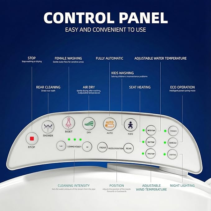 Smart Heated Toilet Seat for Elongated V-Shaped Toilets – Bidet Warm Water Wash, Self-Cleaning Nozzle, Warm Air Dryer, Deodorizer, Soft-Close Lid, LED Night Light & Touch Panel, Easy Install