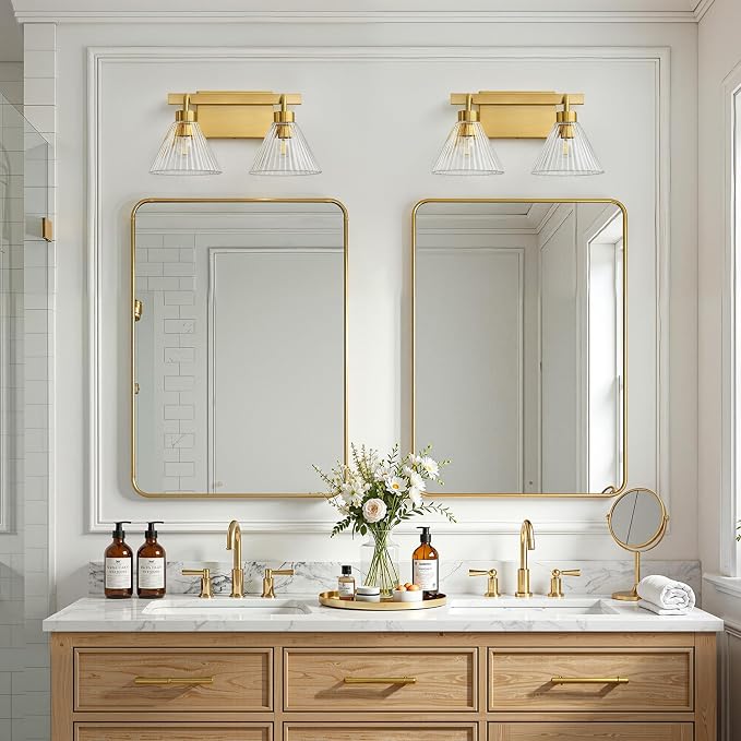 AIJIASI Bathroom Light Fixtures 2-Light Brushed Gold Vanity Lights 16 Inch Bathroom Lighting Fixtures Over Mirror with Ribbed Glass Shade Modern Wall Sconces for Living Room Hallway
