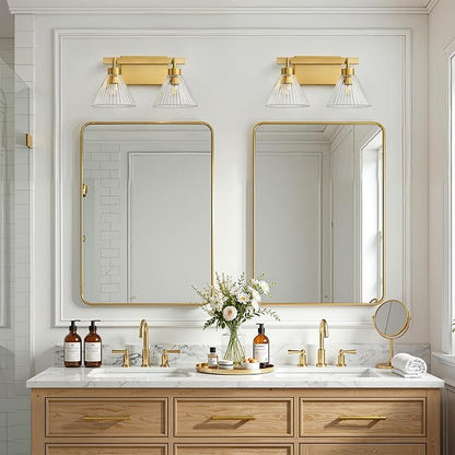 AIJIASI Bathroom Light Fixtures 2-Light Brushed Gold Vanity Lights 16 Inch Bathroom Lighting Fixtures Over Mirror with Ribbed Glass Shade Modern Wall Sconces for Living Room Hallway