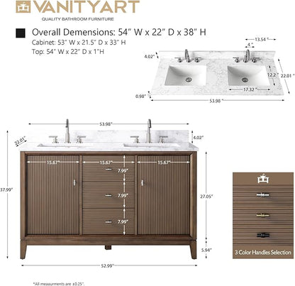 Vanity Art 54" Bathroom Vanity with Double Sink & Arabescato White Engineered Stone Top, Vanity Cabinet with Soft Closing Door, Solid Wood Frame, Golden Brushed Handles, Walnut VA8154D-Walnut-GB