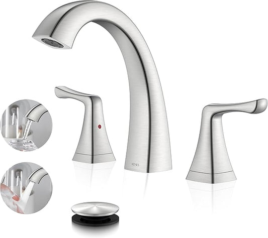 KENES Bathroom Faucets for Sink 3 Hole, Brushed Nickel 2 Handle 8 Inch Widespread Bathroom Faucet, Bathroom Vanity Faucet with Pop Up Drain & Supply Lines, LJ-9075