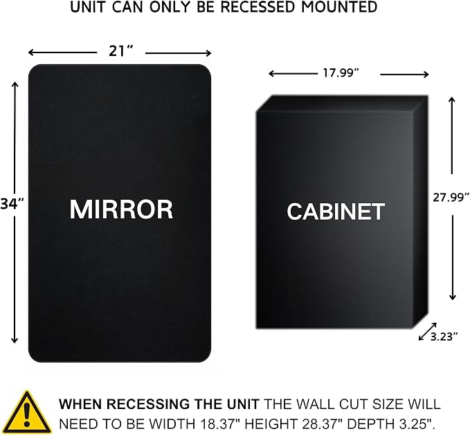 TEHOME Farmhouse Matt Black Recessed Bathroom Medicine Cabinet with Mirror Rounded Rectangle Metal Framed Medicine Cabinet with Beveled Mirror 21x34''
