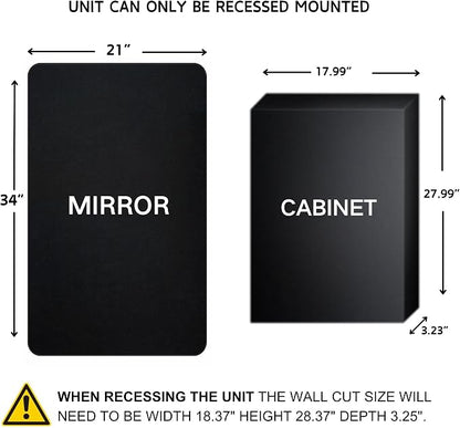 TEHOME Farmhouse Matt Black Recessed Bathroom Medicine Cabinet with Mirror Rounded Rectangle Metal Framed Medicine Cabinet with Beveled Mirror 21x34''