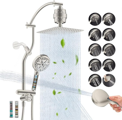 Hibbent 10'' Dual-Filter Metal Showerhead &10-Mode Handheld, Brushed Nickel | All Metal Stainless Steel Rain Showerhead, 4-way Diverter, Heightened All Metal Extension Arm, 71'' Hose & Holder, Easy Reach