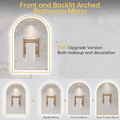 24"x36" Arched LED Mirror for Bathroom, Brushed Gold Lighted Bathroom Mirror with Lights, Fogless, Dimmable, Shatterproof, Touch Sensor, 3 Color Changing