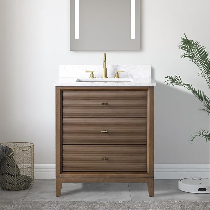 Vanity Art 30" Bathroom Vanity with Single Sink & Arabescato White Engineered Stone Top, Vanity Cabinet with Soft Closing Door, Solid Wood Frame, Golden Brushed Handles, Walnut VA8130-Walnut-GB