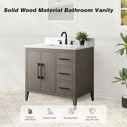 HomeBeyond 36 Inch Bathroom Vanity with Sink & Ceramic Top, Single Vanity Cabinet with Basin, Soft-Closing Doors & Matte Black Hardware, Driftwood Gray