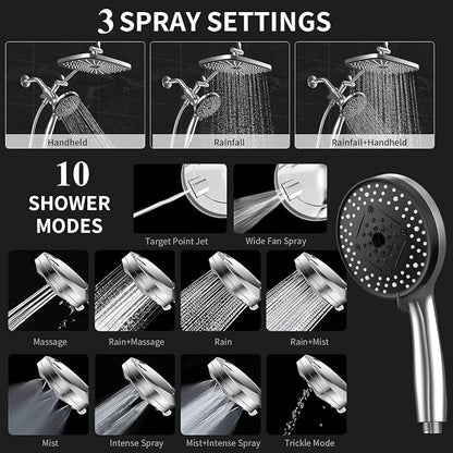 High Pressure Shower Head with Handheld, Upgrade Rain Shower Heads with Fixed Showerhead Combo, 10 Sprays Handheld Shower Head Built in Power Jets, 71" Long Hose, Chrome Silver