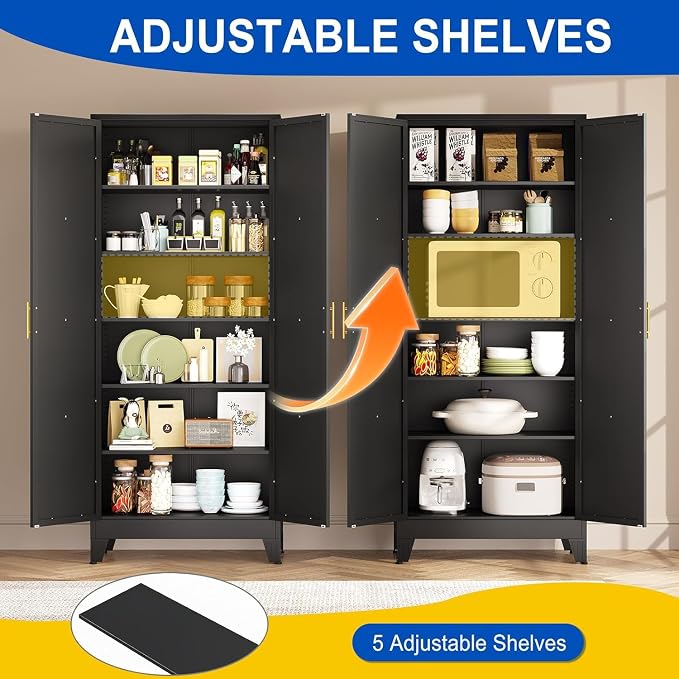 71" Metal Storage Cabinet with 2 Doors and 4 Adjustable Shelves,Black Farmhouse Kitchen Pantry Cabinet,Steel Garage Tool Cabinet,File Cabinetfor Home,Office,Dinning Living Room,Warehouse