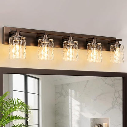 Modern Bathroom Lighting Fixtures Over Mirror, Vanity Lights for Bathroom, Wall Sconces with Clear Glass Shades, E26 Ceramic Socket, 5-Light 35.4-inch Oil-Rubbed
