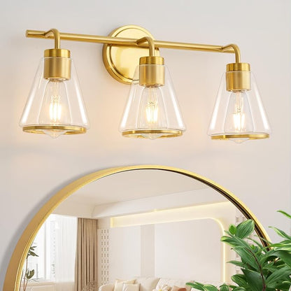22" 3-Light Brushed Gold Modern Bathroom Vanity Light Fixtures Over Mirror | Clear Glass Shade, Heat-Resistant Ceramic E26 Socket, Wall Sconces, Rustproof, Fit 16–22 Inch Mirrors for Vanity Table