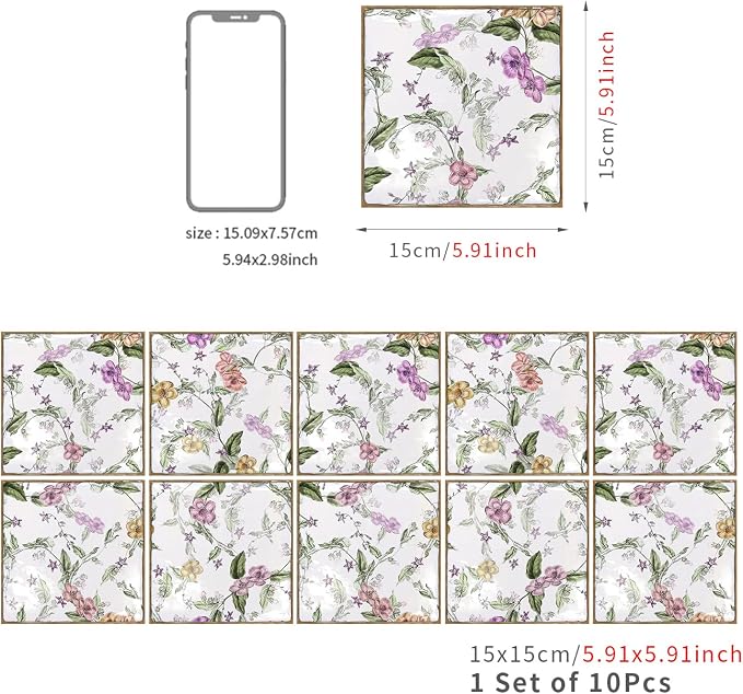 Alwayspon Vinyl Sticker Peel and Stick, Self-Adhesive Wall Tile Transfers Backsplash Sticker Decal for Kitchen Bathroom, 6x6inch/15x15cm 30Pcs, Purple Floral T040