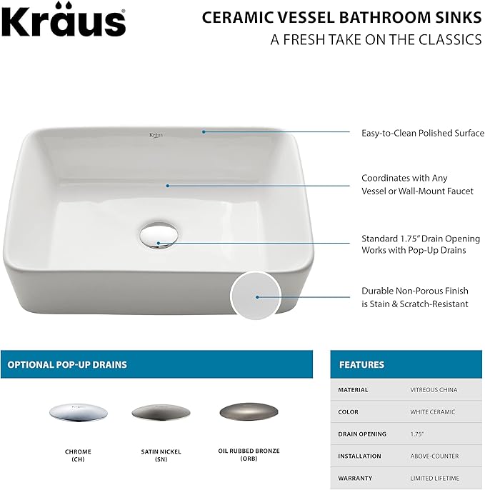 Kraus KCV-121-ORB White Rectangular Ceramic Sink with Pop Up Drain, Oil Rubbed Bronze