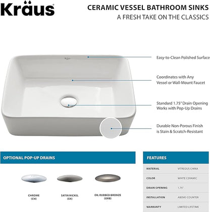 Kraus KCV-121-ORB White Rectangular Ceramic Sink with Pop Up Drain, Oil Rubbed Bronze