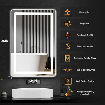 LED Bathroom Vanity Mirror with Lights, 36"x24" Lighted Wall Mirror | Front and Backlit, Anti Fog, Dimmable 3 Color Lighting, Memory Function, Shatterproof Glass, Plug in or Hardwired