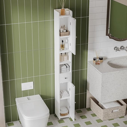 ChooChoo Narrow Bathroom Storage Cabinet with Adjustable Shelves, Tall Storage Cabinet with 2 Doors and 1 Drawer, Freestanding Cupboard for Small Spaces, White