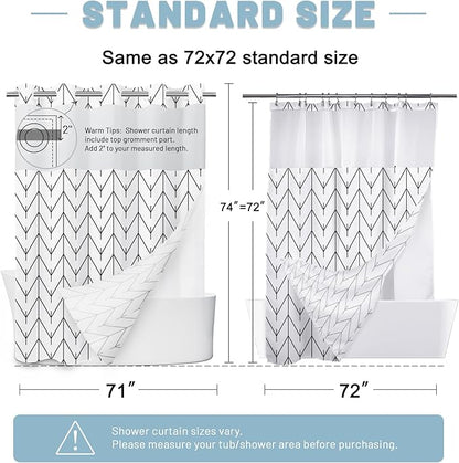No Hook Geometric Striped Shower Curtain with Snap in Liner Set - Hotel Shower Curtain and Liner Set with See Through Mesh Top Window,Machine Washable, 71x74 INCH - Black & White Herringbone