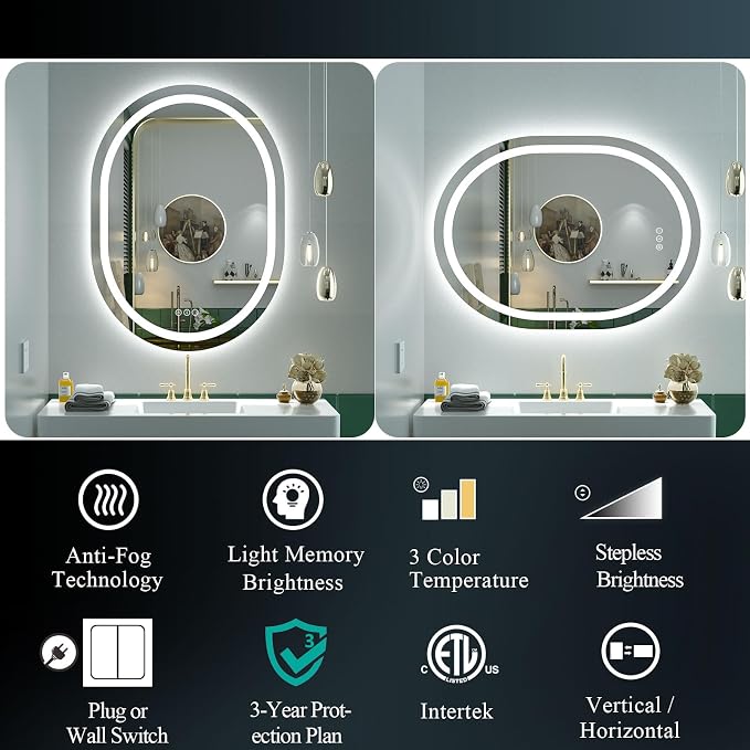OKPAL 40x20 Oval Lighted Bathroom Mirror, LED Bathroom Mirror with Lights, Lighted Vanity Bathroom Mirror, Anti-Fog, Shatter-Proof, Dimmable, Memory, 3 Colors (Front Lights + Backlit)