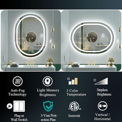 OKPAL 40x30 Oval Lighted Mirror, LED Bathroom Mirror with Lights, Lighted Vanity Bathroom Mirror, Anti-Fog, Shatter-Proof, Dimmable, Memory, 3 Colors (Front Lights + Backlit)