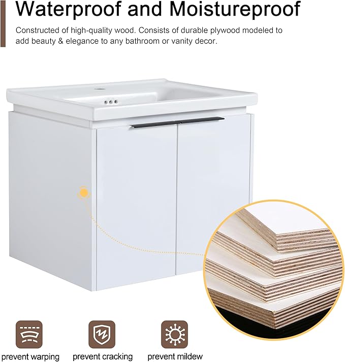Malwee 24" Floating Bathroom Vanity with Sink, 24 Inch Single Sink Wall Mounted Bathroom Vanity, with 2 Doors and White Ceramic Basin Top, Wall Hung Storage Cabinet Combo Set.MA07424