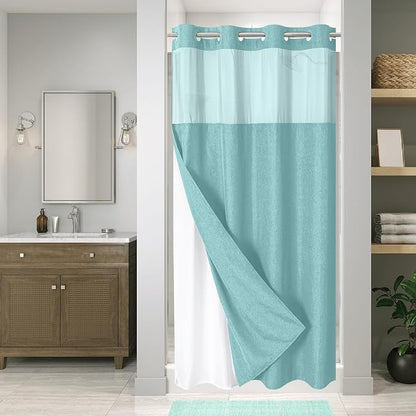 eachope No Hook Linen Texture Shower Curtain with Snap-in Liner,54x80 Teal | 230GSM Thick Fabric,Hotel Luxury Decor,Mesh Top Window,Waterproof & Machine Washable,for Shower Stall or Bathroom