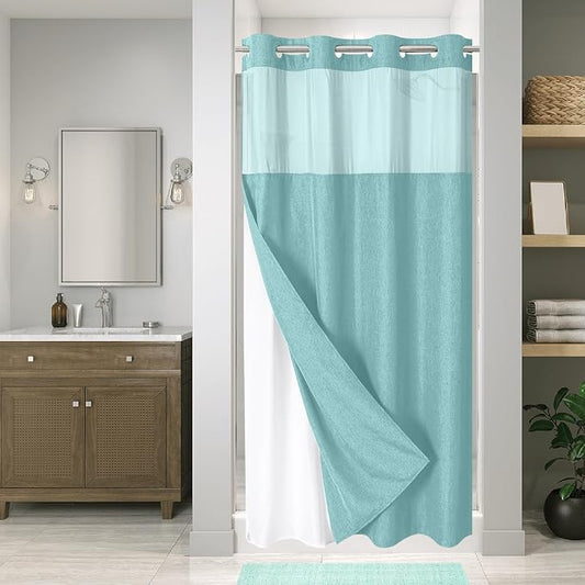 eachope No Hook Linen Texture Shower Curtain with Snap-in Liner,54x80 Teal | 230GSM Thick Fabric,Hotel Luxury Decor,Mesh Top Window,Waterproof & Machine Washable,for Shower Stall or Bathroom