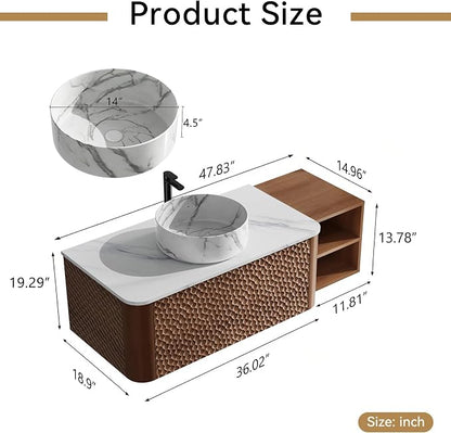 48 Inch Modern Bathroom Vanity with Ceramic Sink, Floating Bathroom Sink Cabinet with Sintered Stone Top&Solid Wood Hammered Frame, Single Bathroom Vanities w/Soft-Close Drawer&IDE Open Cube