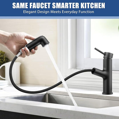 HURRAN Pull Out Bathroom Faucet, Single Handle Basin Mixer Tap with 2 Modes, Utility Sink Faucet with Deck Plate, Stainless Steel, Matte Black