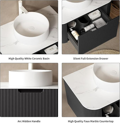 Yayzy 60" Floating Bathroom Vanity with Sink, Solid Wood Fluted Cabinet, White Round Ceramic Basin & Faux Marble Top, Soft-Close Drawer, Pre-Assembled, Gloss Black