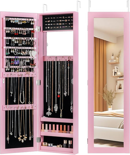 COSTWAY Full Length Mirror Jewelry Armoire, Wall Door Mounted Jewelry Cabinet Organizer with Makeup Mirror, Ring Slots and Necklace Hooks for Bedroom, Dressing Room (Pink)