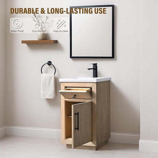 HOMEBEYOND 20 Inch Bathroom Vanity with Single Sink & Ceramic Top, MDF Material Vanity Cabinet with Basin Combo, Soft-Closing Doors, Removable Shelf, Backsplash
