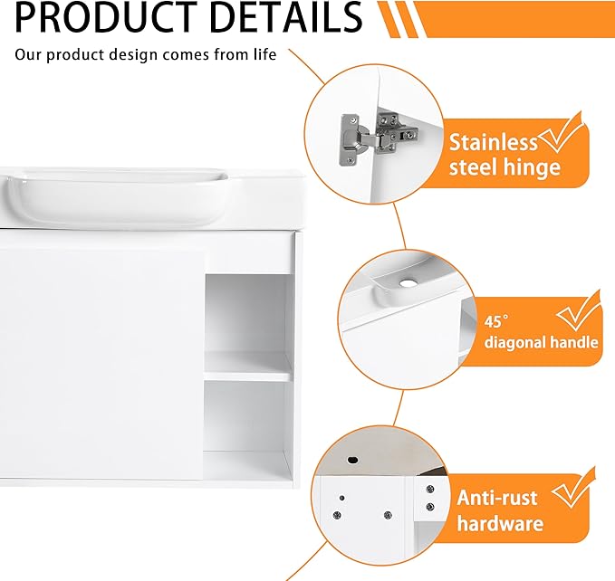 28" Wall-Mounted Bathroom Vanity with Ceramic Sink, 28 inch Floating Single Sink Vanity Cabinet Modern Brown 1-Door Design with Storage Shelf (Space-Saving for Small Bathrooms), White