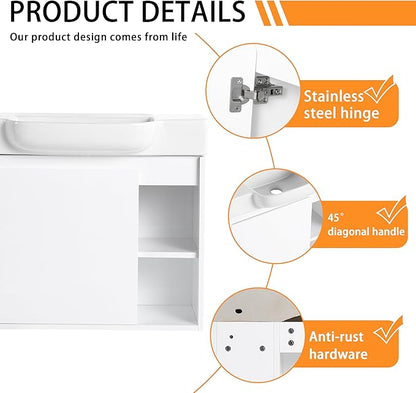28" Wall-Mounted Bathroom Vanity with Ceramic Sink, 28 inch Floating Single Sink Vanity Cabinet Modern Brown 1-Door Design with Storage Shelf (Space-Saving for Small Bathrooms), White