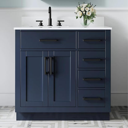 36-Inch Bathroom Vanity with Sink W/ 2 Doors & 4 Drawers & 1 Flip Drawer,Navy Blue Vanity W/Matte Black Handles