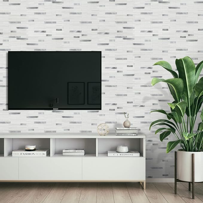 STICKGOO Peel and Stick Backsplash Tile, Stick on Backsplash for Kitchen and Bathroom, Dolomite White Marble Look PVC Mixed Metal Silver Self Adhesive Wall Tiles(10 Sheets)