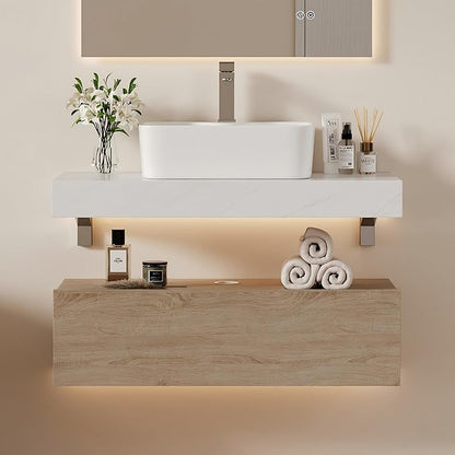 homary 35'' Floating Bathroom Vanity with Sintered Stone Countertop, Wall-Mounted Bathroom Cabinet with Ceramic Sink & Drawer Storage, Waterproof Modern Single Vanity, Natural