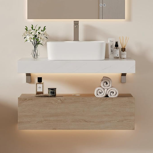 homary 35'' Floating Bathroom Vanity with Sintered Stone Countertop, Wall-Mounted Bathroom Cabinet with Ceramic Sink & Drawer Storage, Waterproof Modern Single Vanity, Natural