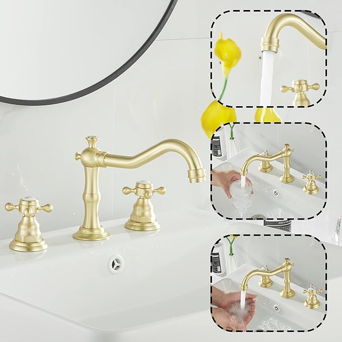 GGStudy Brushed Gold Bathroom Faucet 2 Handles 3 Holes Widespread Bathroom Sink Facuet Washingroom Faucet Mixer Tap wiith Pop Up Drain