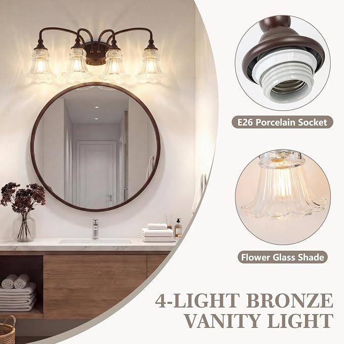 4-Light Vintage Bathroom Light Fixtures, Oil Rubbed Bronze | Vanity Lights Over Mirror with Floral Glass Shade for Bathroom Powder Room, Living Room Hallway
