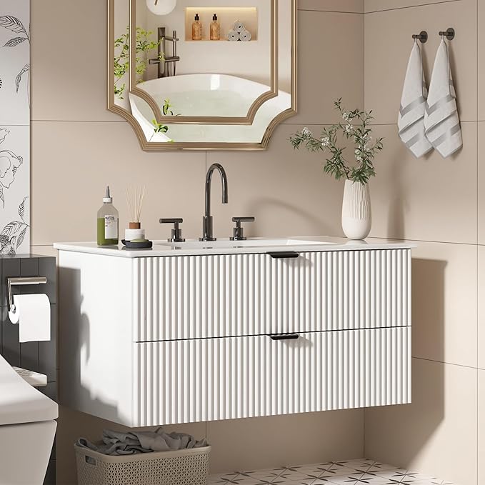 Bathroom Vanity 36 inch with Sink, Floating Bathroom Vanity, White Ceramic Sink & Double Drawers, Soft-Close Design, Wall Mount Bathroom Cabinet, Modern Floating 36" Vanity