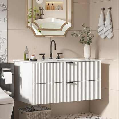 Bathroom Vanity 36 inch with Sink, Floating Bathroom Vanity, White Ceramic Sink & Double Drawers, Soft-Close Design, Wall Mount Bathroom Cabinet, Modern Floating 36" Vanity