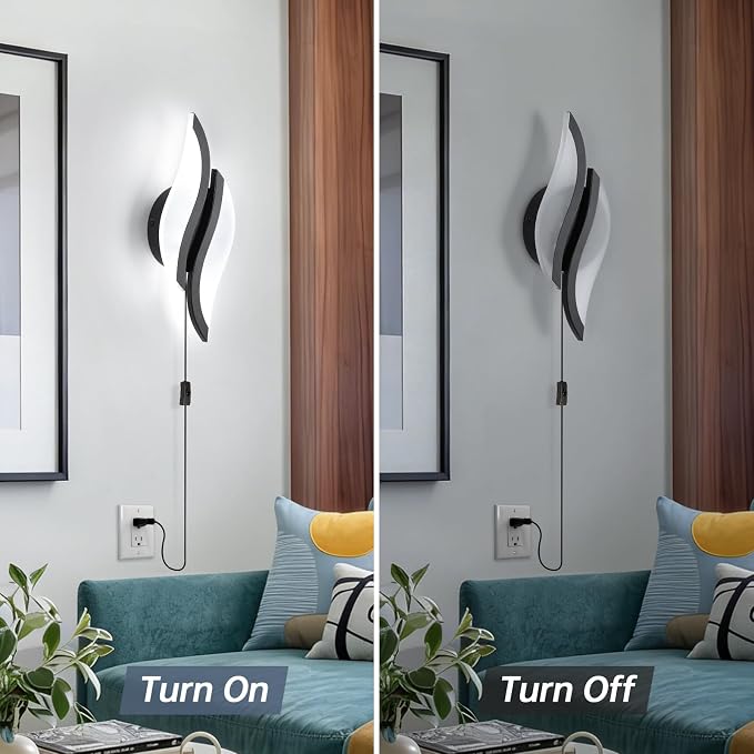 CANEOE Plug in Wall Sconces Set of Two 6000K Black Modern LED Wall Light Fixtures Acrylic Wall Sconce Lighting for Living Room Bedroom Bedside Bathroom Hallway Stairway Wall Lamp