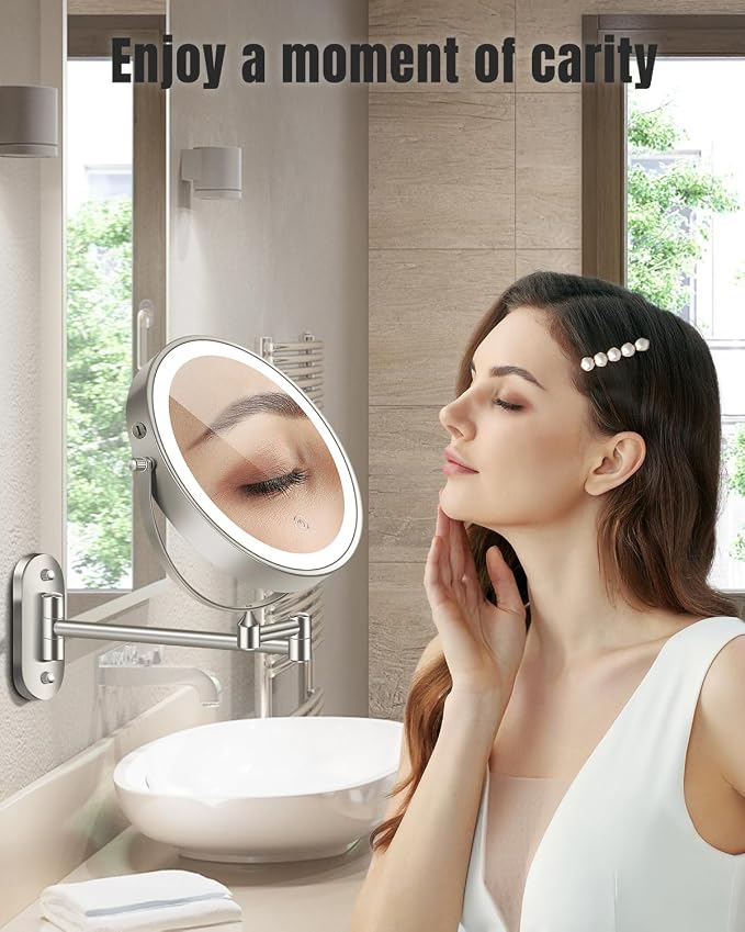VFD 8'' 30X/1X Wall Mounted Lighted Magnifying Makeup Mirror with Lights | Double Sided Rechargeable Bathroom Mirror, 3 Color Lights Touch Dimmable Extended Arm 360 Rotation Light up Mirrors