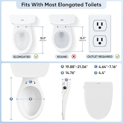 Electric Bidet Toilet Seat with Instant Warm Bidet Wash & Warm Air Dryer, Self-Cleaning Stainless Steel Nozzle, Soft Close Lid, Elongated