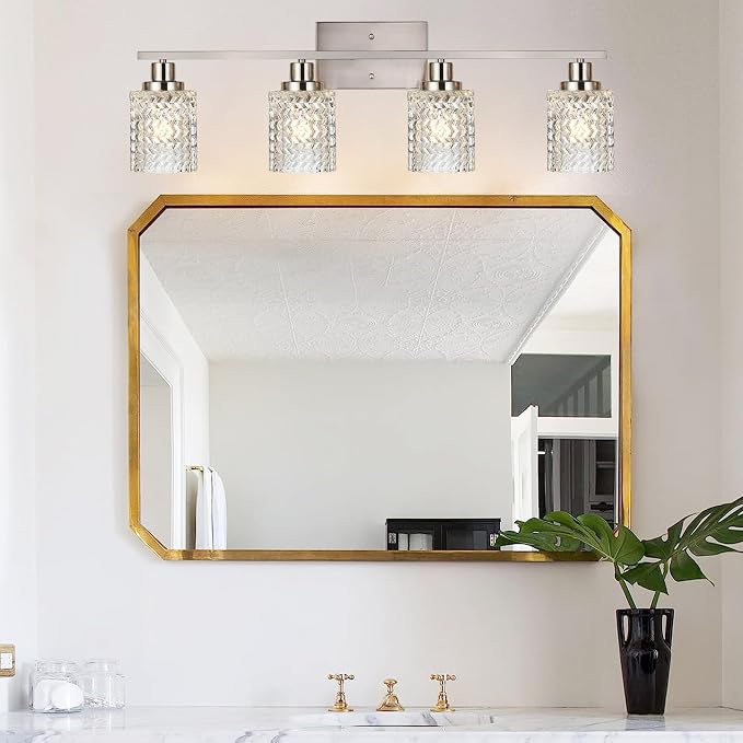 MELUCEE 4 Lights Brushed Nickel Vanity Light with Hammered Glass Shade | Indoor Metal Bathroom Light Fixtures Wall Lights for Powder Room Hallway Kitchen, E26 Base