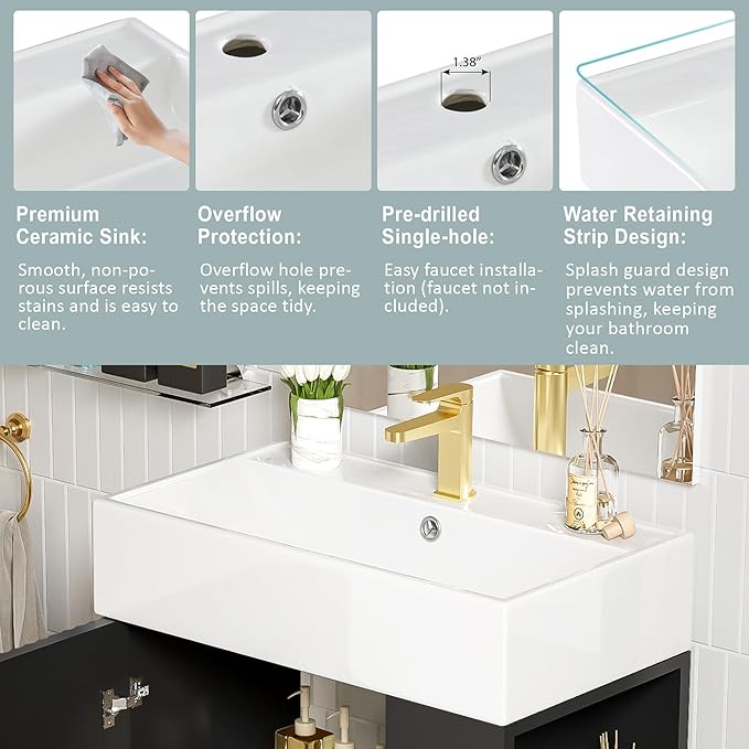 Merax 21.6 Inch Small Bathroom Vanity Sink Combo, Freestanding Bathroom Cabinet with Undermount Ceramic Sink, Modern Bathroom Storage Vanity Soft-Close Doors, Black